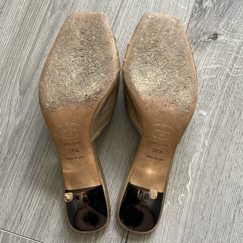 ❌SOLD❌ Prada Metallic Gold Leather Square Peep Toe Slide Sandals - Picture 7 of 12
